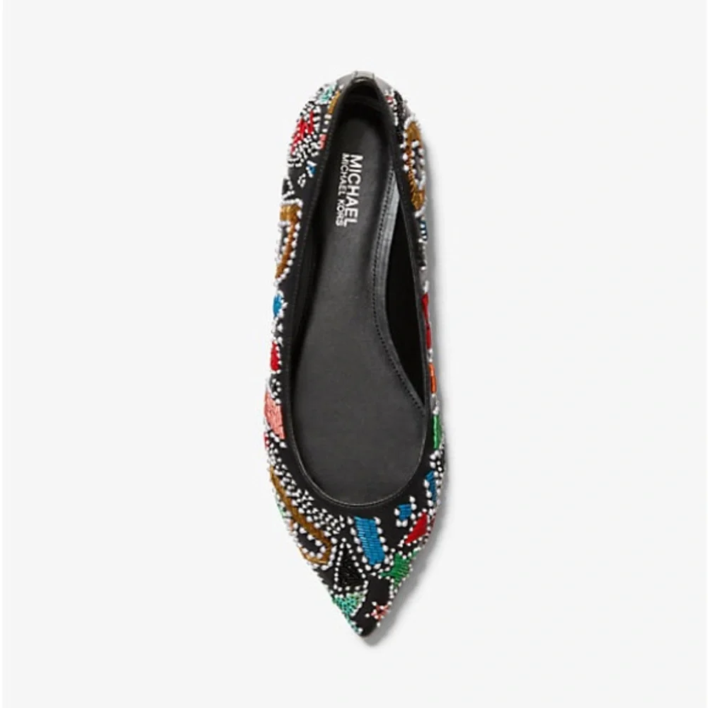MICHAEL KORS MK Mila Party Colorful Beaded Black Leather Pointed Toe Flats